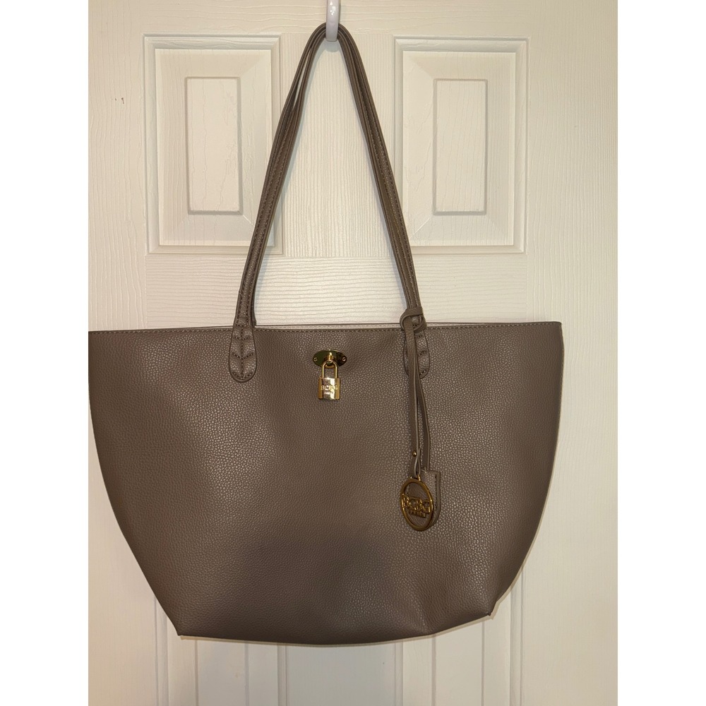 BCBG‎ Paris large Tote Bag Purse Handbag Faux Leather Padlock Charm Taupe